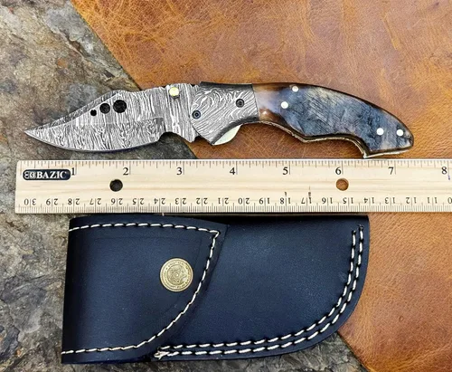 Miniatura 6 de Cuchillo de bolsillo de acero damasceno WINTERFELL para hombres con funda de cuero, cuchillos de caza plegables hechos a mano de 7 pulgadas, mango
