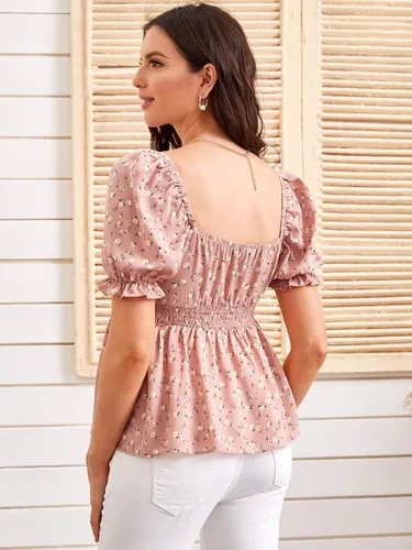 Miniatura 2 de OYOANGLE Women's Maternity Floral Print Blouse Short Sleeve Ruffle Hem Peplum Tops
