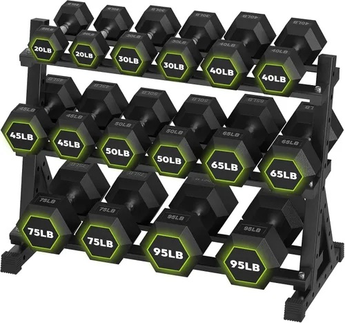 Miniatura 19 de HANDBODE Juego de mancuernas hexagonales con estante, 290-670 lb juego de mancuernas de ejercicio y fitness con revestimiento de goma, peso de mano