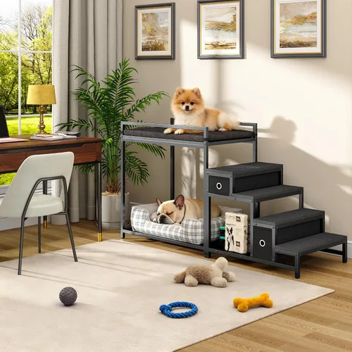 Miniatura 3 de kepptory Litera para mascotas con escaleras y almacenamiento, camas para perros fijadas a la cama humana, cuna para perros y gatos pequeños, Negro
