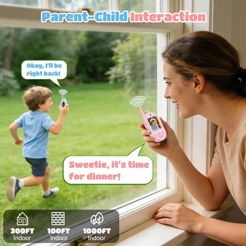 Miniatura 4 de Walkie Talkies de video para niños, paquete de 2, Walkies talkies para niños con cambiador de voz y efecto adhesivo, juguetes recargables de largo
