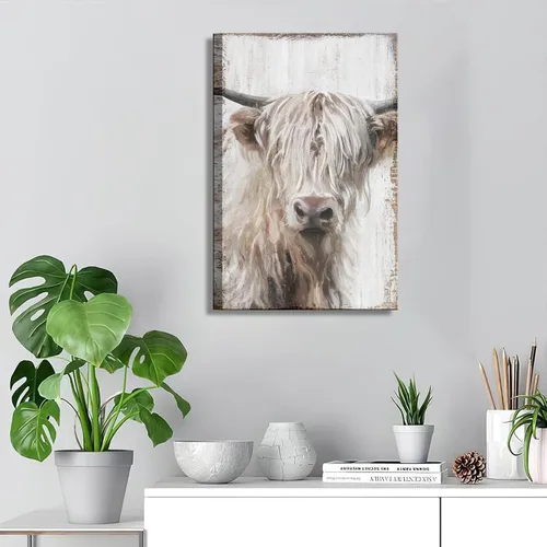 Miniatura 2 de 1 pieza de arte de pared de vaca Highland, lienzo de vaca de granja para decoración de pared, imagen de pintura blanca de vida silvestre, impresión