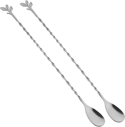 Miniatura 20 de AnSaw Cuchara de cóctel negra de acero inoxidable de 12 pulgadas con mango de hojas, perfecta para mezclar y poner en capas bebidas en tazas altas