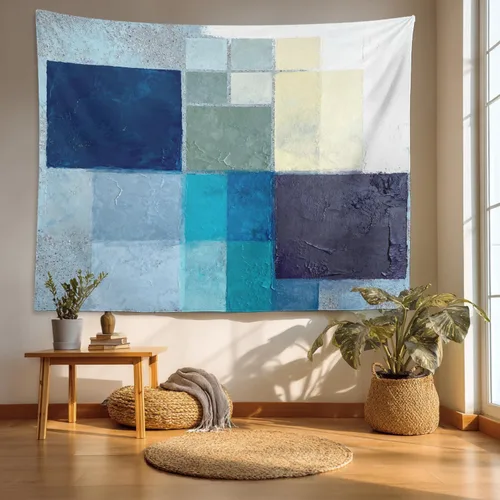 Miniatura 82 de Batmerry Tapiz azul y blanco, tapiz abstracto de pintura azul, negro, gris y blanco, para sala de estar, dormitorio, pared, decorativo, 51.2 x 59.1