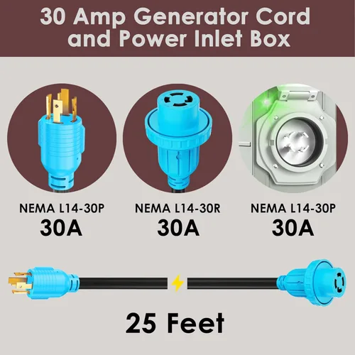 Miniatura 2 de CircleCord Cable de Extensión para Generador de 4 Clavijas de 25 Pies 30 Amperios y Caja de Entrada con Conector de Bloqueo, Servicio Pesado NEMA