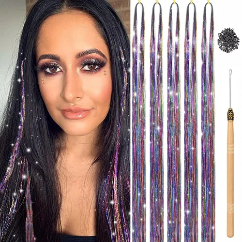 Miniatura 9 de Kit de oropel para el cabello, 18 colores de 48 pulgadas, extensiones de cabello de oropel de hadas resistentes al calor con herramientas, CC