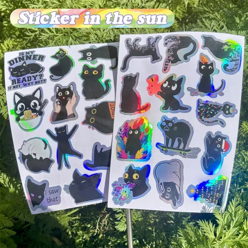 Miniatura 3 de 110 calcomanías holográficas de gato negro, divertidas y lindas calcomanías de vinilo de gato vacío, calcomanías impermeables con brillo de arcoíris