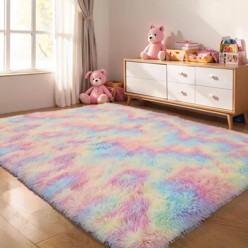 Miniatura 40 de KCHOWUA Alfombras Esponjosas y Peludas de Unicornio para Dormitorio de Niñas, 3x5 pies Lavable Antideslizante Alfombra de Área Shag Peluda para Sala