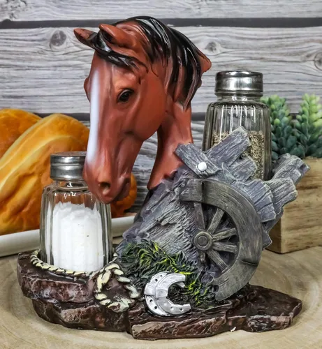Miniatura 2 de Ebros Country - Juego de figuras de caballo de semental marrón castaño occidental por Farm Wagon Wheel Lasso Herraduras Salero y Pimentero Estatua