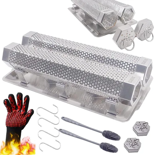Paquete de 2 tubos de ahumador de pellets de 12 pulgadas, tubo de humo para ahumador de pellets con una bandeja de acero inoxidable, 5 horas de humo