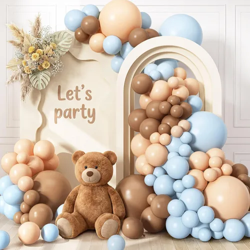 RUBFAC Kit de arco de guirnalda de globos de color azul polvoriento y marrón, decoración de oso para baby shower con globos bohemios de color marrón