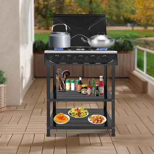 Miniatura 4 de Estufa de gas natural de 5 quemadores, soporte extraíble, estufa de gas portátil para cocina, RV, apartamento, cocina al aire libre (negro)