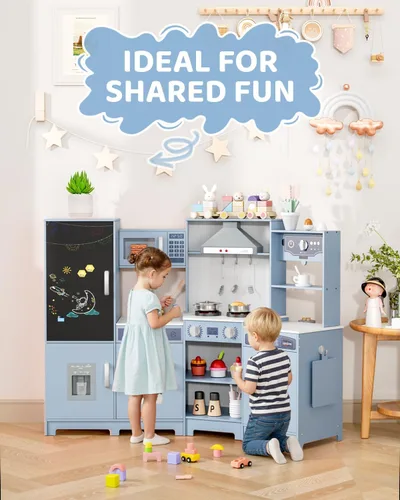 Miniatura 5 de MAMIZO Cocina de Esquina de Madera de Juego, Gran Set de Juego de Cocina Interactivo Definitivo para Niños Pequeños de Simulación con Pizarra, Azul