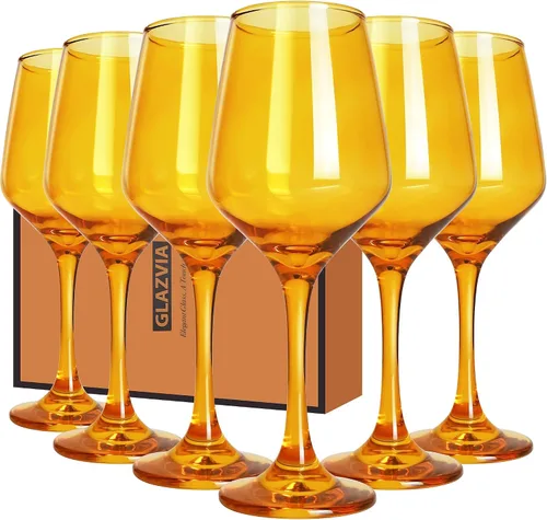 Juego de 6 copas de vino ámbar con tallo de 12 onzas, gruesas y coloridas, aptas para lavavajillas, para rojo o blanco, regalo para fiestas,