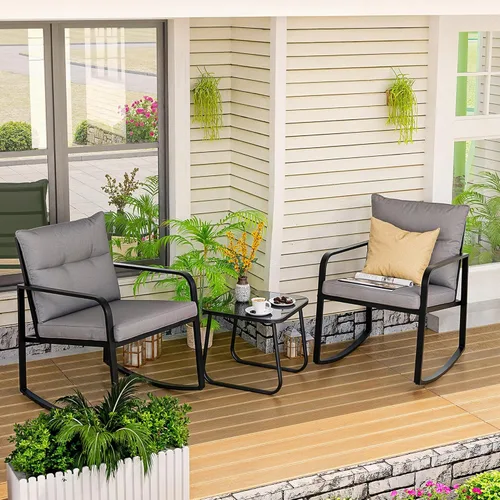 Miniatura 2 de Gizoon Juego de 3 piezas de muebles de patio de acero negro, juego de conversación de sillas de porche con mesa de café de cristal, cojín de Cojín