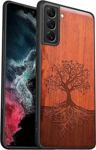Miniatura 13 de Carveit Funda de madera para Galaxy S22 [madera real dura y TPU suave] a prueba de golpes, funda protectora híbrida única y elegante, diseño