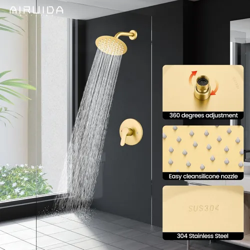 Miniatura 5 de Airuida Juego de grifo de ducha, cabezal de ducha redondo de 6 pulgadas, SUS304 de acero inoxidable de un solo mango, sistema de baño de montaje