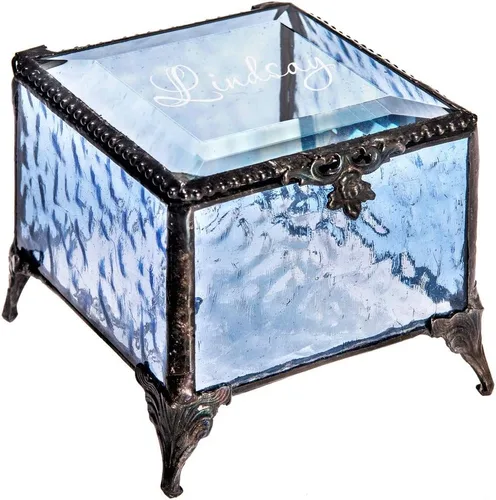 Caja de cristal azul personalizada, vitrina decorativa para tocador, organizador de joyas, regalo de recuerdo para ella, niña, mujer, decoración