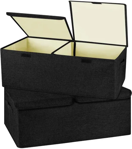 Paquete de 2 contenedores plegables de tela de lino grandes con tapa y asas, caja de almacenamiento lavable, con divisor extraíble para dormitorio,