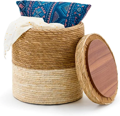 Miniatura 14 de Wimarsbon Taburete de pie de hierba marina natural, otomana redonda tejida a mano, para sala de estar, asiento al aire libre (natural)