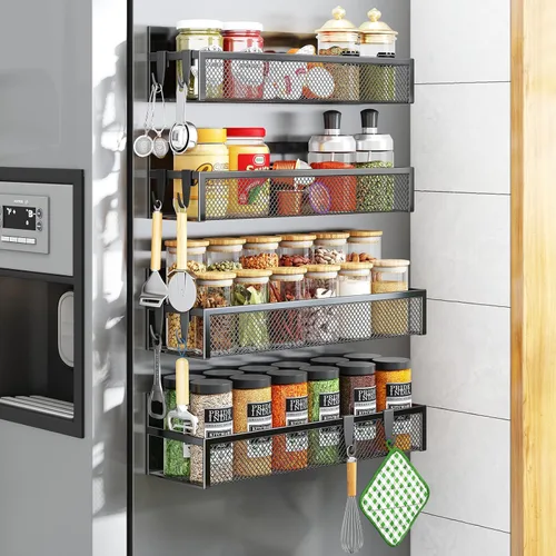 Aufworld Estante magnético para especias para refrigerador, paquete de 4 estantes magnéticos, organizador magnético para refrigerador con 8 ganchos