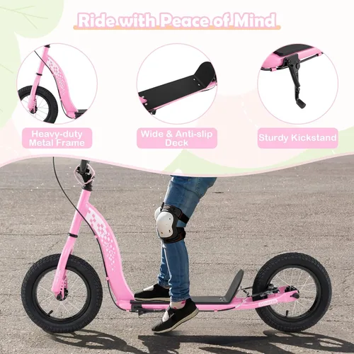 Miniatura 5 de GYMAX Patinete, Patinete de Empuje para Adultos, Adolescentes, Niños con Manubrio Ajustable, Ruedas Inflables de 12 Pulgadas, Freno de Pinza Rosa
