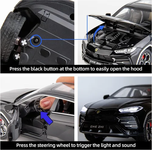 Miniatura 5 de BDTCTK 1:24 Lambo Urus Modelo de coche, Diecast Pull Back Car Toy Car, Puertas abiertas, Luz y sonido, Juguetes para niños Niños Adultos Regalos