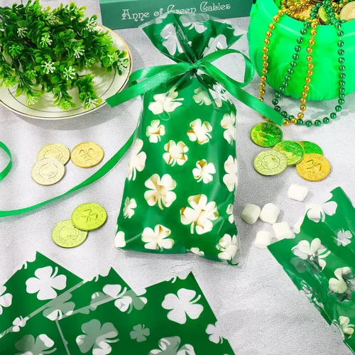 Miniatura 4 de Whaline 160 bolsas de celofán del día de San Patricio, trébol de trébol, caramelos, bolsas de celofán, bolsas de plástico con cinta verde