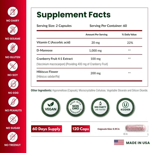 Miniatura 5 de Suplementos de D-Manosa ForestLeaf para Mujeres y Hombres - Cápsulas de D-Manosa 1000mg con Arándano, Hibisco y VIT C - Píldoras de DManosa