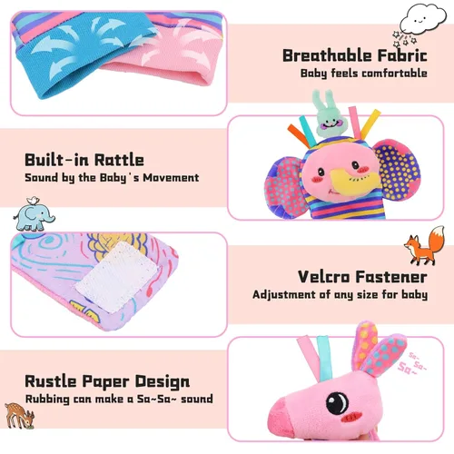 Miniatura 7 de Calcetines con Sonajero de Muñeca y Buscador de Pies para Niñas Bebé, Juguetes Sensoriales de Unicornio Rosa Esenciales para Recién Nacidos de 0 a