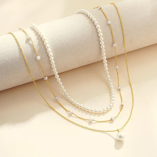 Miniatura 7 de Collares de perlas para mujer, a la moda, chapado en oro de 18 quilates, collar de perlas en capas, collar y aretes de perlas delicadas, pulseras