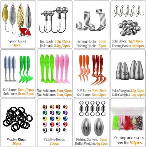 Miniatura 4 de Kit de caja de aparejos de pesca de 104 piezas con señuelos de pesca, ganchos, pesas, herramienta para quitar anzuelos y accesorios de pesca, juego