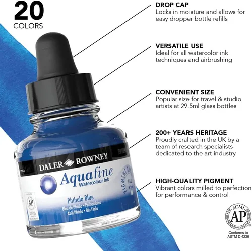 Miniatura 3 de Daler-Rowney Aquafine - Tinta de acuarela azul Phthalo de 1.0 fl oz, tinta líquida versátil para acuarelas para artistas y estudiantes, uso