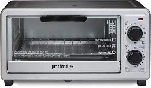Proctor Silex Horno tostador de encimera de 4 rebanadas, multifunción con hornear, tostadas y asadores, 1100 vatios, temporizador de 30 minutos y