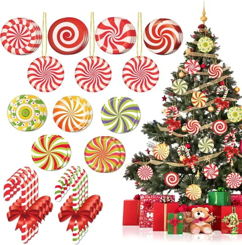 Miniatura 8 de 33 piezas de adornos de bastón de caramelo de menta para árbol de Navidad - Coloridos adornos colgantes de caramelo en palo de madera para árbol