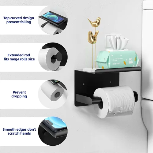 Miniatura 3 de GLNLQ Soporte de papel higiénico negro mate con estante, se adapta a Mega Rollos, acero inoxidable a prueba de óxido, soporte de rollo de papel