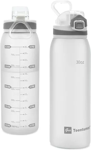 Miniatura 19 de Botella de agua deportiva de 30 onzas con marcadores de tiempo, botella grande y duradera de plástico para gimnasio, Tritan sin BPA, transparente