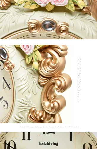 Miniatura 4 de Reloj de pared Silencioso Estilo Europeo Sala de estar Decoración del Hogar Dormitorio Relojes de Cuarzo Flor Tallado Retro Swing Reloj