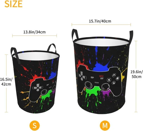 Miniatura 4 de Cesta redonda para ropa sucia con temática de videojuegos, cesta de almacenamiento para juguetes, organizador de ropa, para el hogar, baño, Juego #02