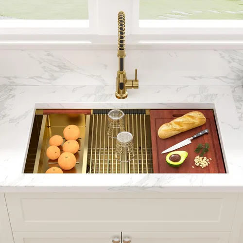 Miniatura 2 de Sarlai Fregadero de Cocina Dorado Bajo Encimera de 33 Pulgadas Doble Tazón 33 x 19 Pulgadas Bajo Dividido Dorado Estación de Trabajo Fregadero Doble