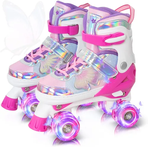 MammyGol Patines de ruedas para niños y niñas, patines ajustables para niños con hermosas mariposas, principiantes de 3 a 16 años de edad, patines