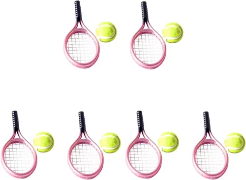 Juego de 6 mini tenis con accesorios de pelota en miniatura y raquetas aleatorias, accesorios de pelotas de muñeca deportiva, equipo de jardín de
