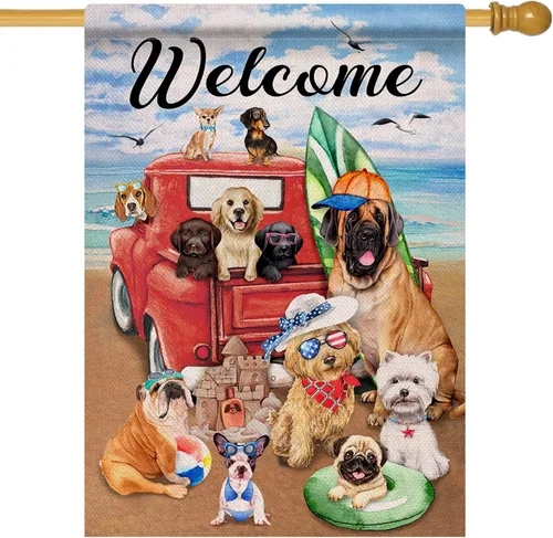 Miniatura 7 de Hzppyz Bandera de bienvenida de verano con texto en inglés "Dogs Red Truck" para jardín, playa y jardín, de doble cara, para recolección náutica
