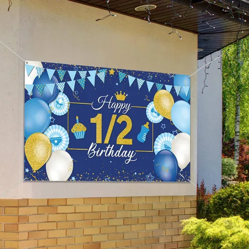 Miniatura 6 de Tatuo Decoración de fondo de cumpleaños de 1/2, 72.8 x 43.3 pulgadas, pancarta azul y dorada de medio año, suministros de fiesta de cumpleaños de 6