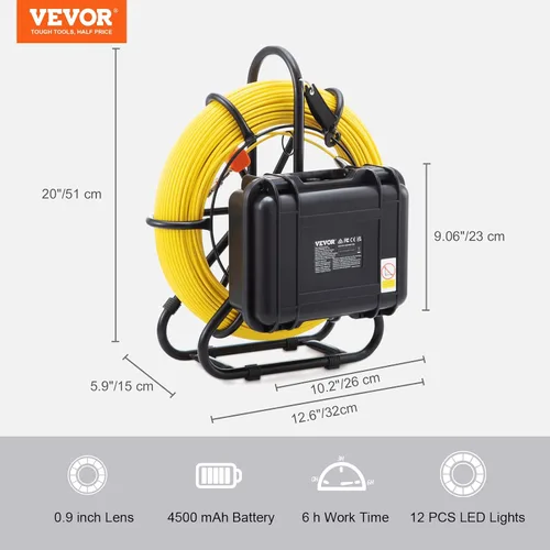 Miniatura 6 de VEVOR Cámara de Alcantarillado 120m/393ft con Pantalla de 9", DVR, Resistente al Agua IP68, 12 LEDs, Tarjeta SD de 16GB para Líneas