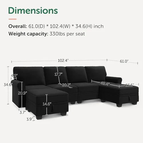 Miniatura 2 de HONBAY Sofá modular convertible con almacenamiento en forma de U con diván reversible para sala de estar, negro medio negro (Mid Black)
