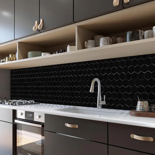 Miniatura 4 de Azulejos hexagonales negros para despegar y pegar, 12 x 12 pulgadas, adhesivo 3D autoadhesivo para pared de cocina y baño (10 hojas)