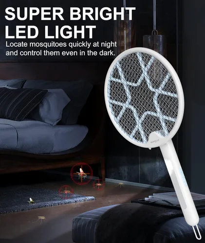 Miniatura 7 de MOSQZAP Matamoscas eléctrico, raqueta plegable para exterminador de insectos, matamoscas electrónico de 3,500 voltios con atractor de luz púrpura