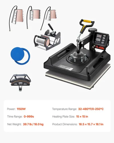 Miniatura 8 de VEVOR Máquina de prensa de calor 8 en 1 de 15 x 15 pulgadas, prensa de camisetas oscilante de 360°, transferencia de calor digital profesional por