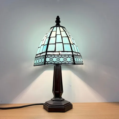 Miniatura 3 de Lámpara de Mesa Pequeña Estilo Tiffany, 3 Temperaturas de Color Rejilla Azul Lámparas de Mesa de Vidrio Emplomado, Luz Nocturna de Mesita de Noche